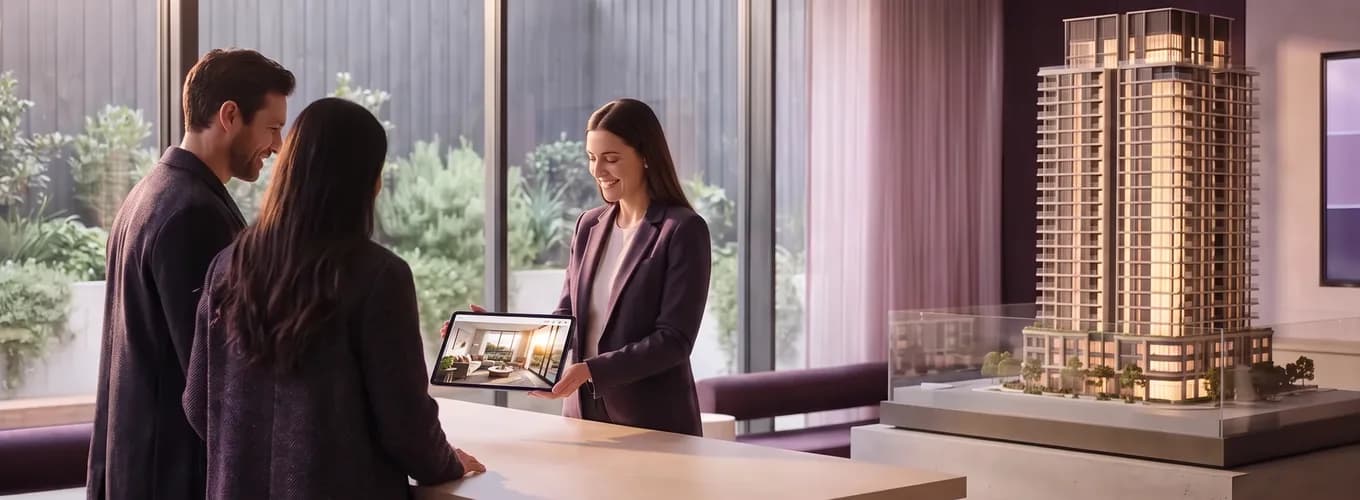Compradores y asesor mirando juntos el inventario ordenado en una tablet