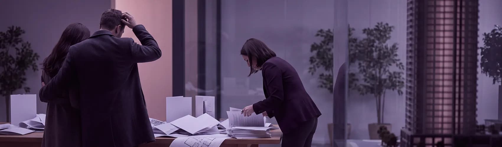 Compradores y asesor entre pilas de folletos y planos desordenados