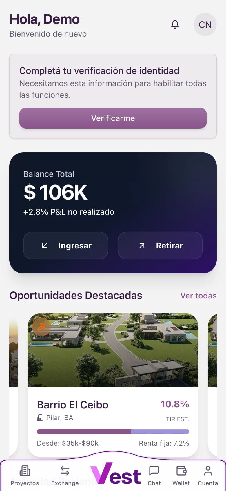Pantalla de inicio de la app en el celular