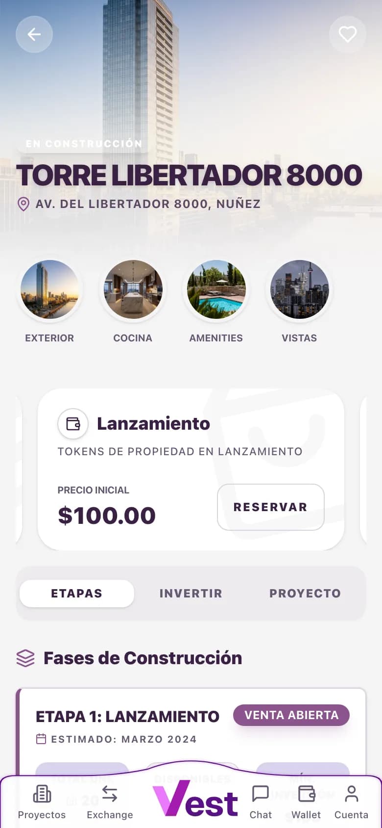 Ficha del proyecto en el celular: fotos, lanzamiento y fases de construcción