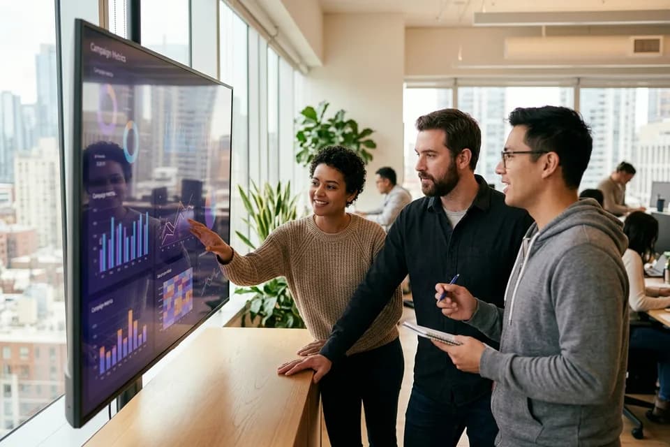 Equipo de marketing revisando métricas de campañas en una pantalla grande